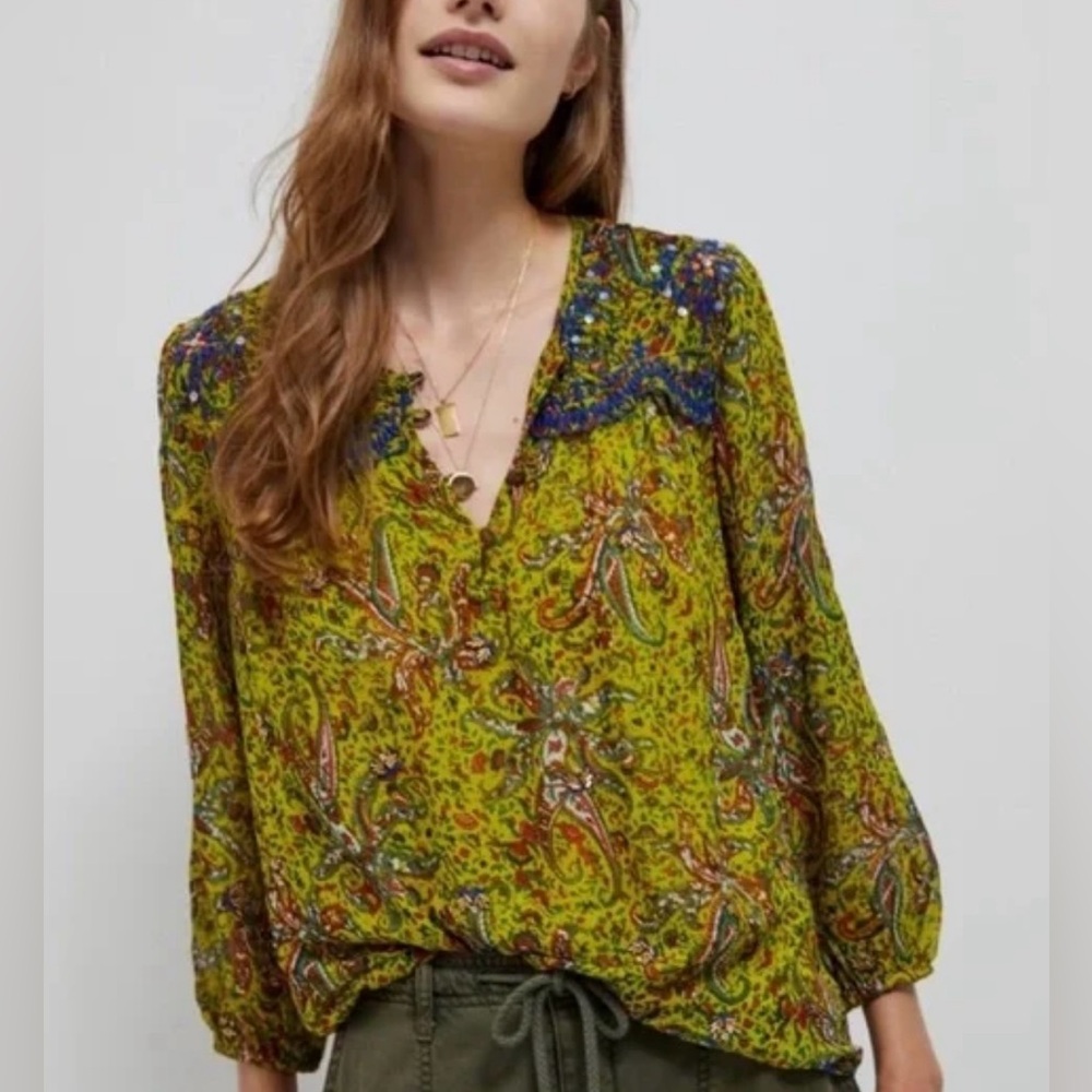 NWT! Anthropologie Priya embroidered & beaded paisley flowy long sleeve blouse